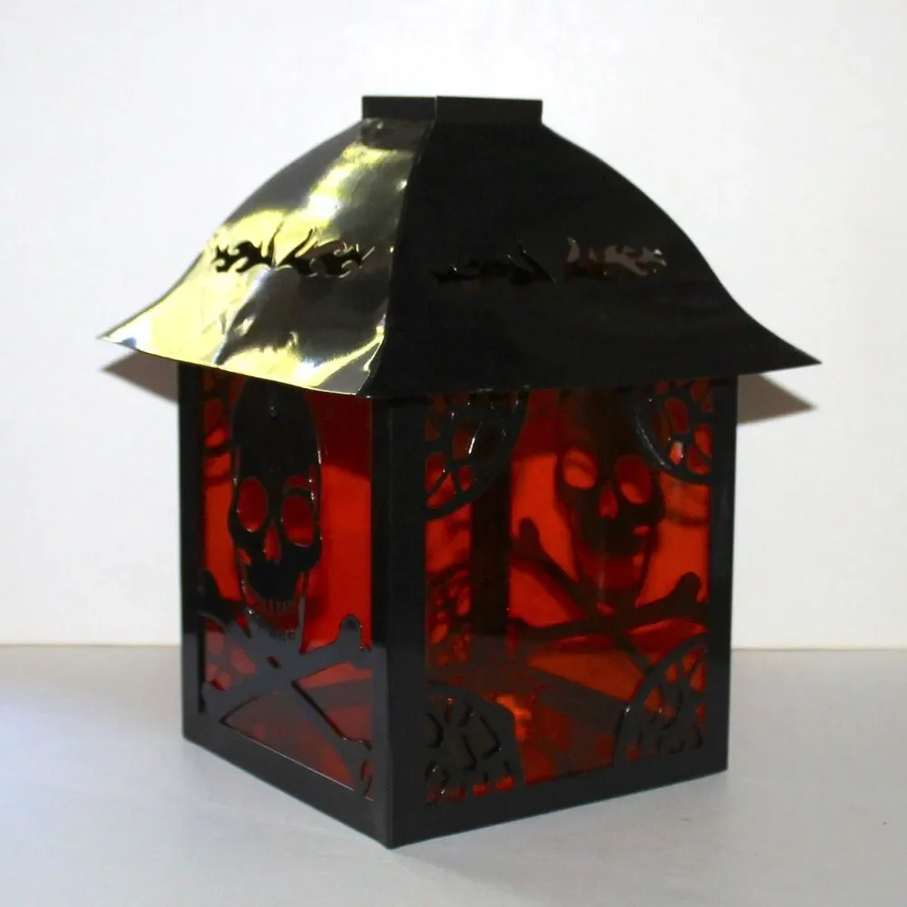 Large Lantern Skull and Bones black metal orange halloween goth decor 10